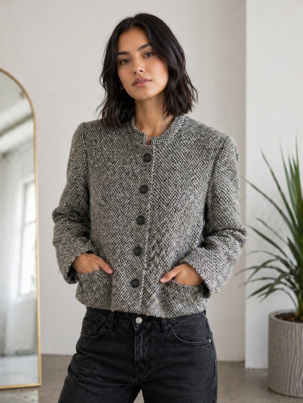 VINTAGE WOOL BLEND HERRINGBONE JACKET BUTTON FRONT CROPPED CLASSIC